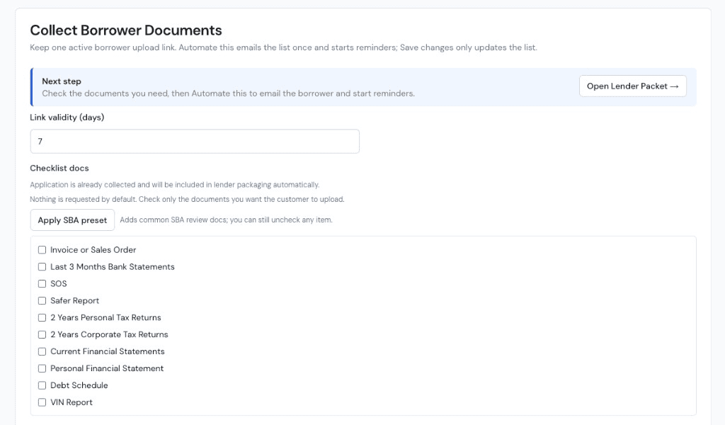 Collect borrower documents with one upload link, a checklist, and automated reminders.