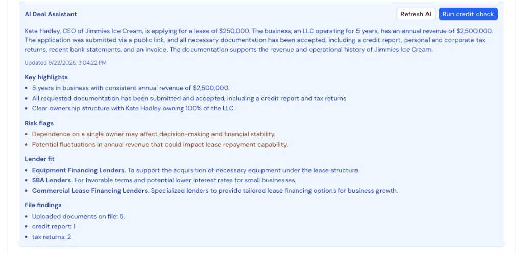 AI Deal Assistant summarizing an application with highlights, risk flags, and lender fit.